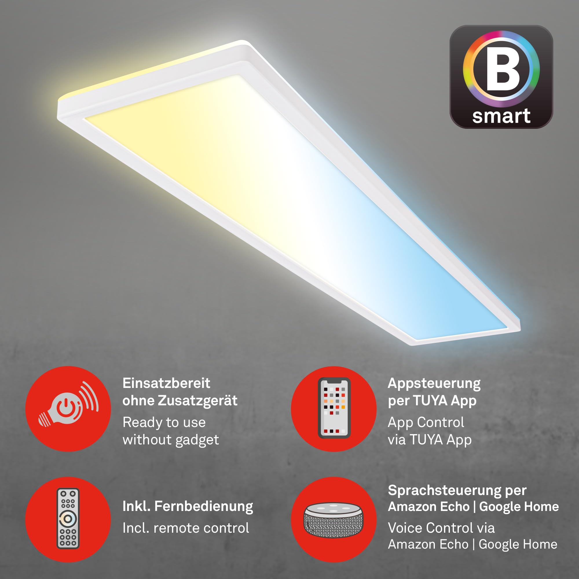 BRILONER - LED Deckenlampe 98cm flach Smart Home, funktioniert mit Alexa, Fernbedienung, Lampe, Deckenleuchte, Wohnzimmerlampe, LED Panel, Küchenlampe, Schlafzimmerlampe, 98x20x3 cm, Weiß