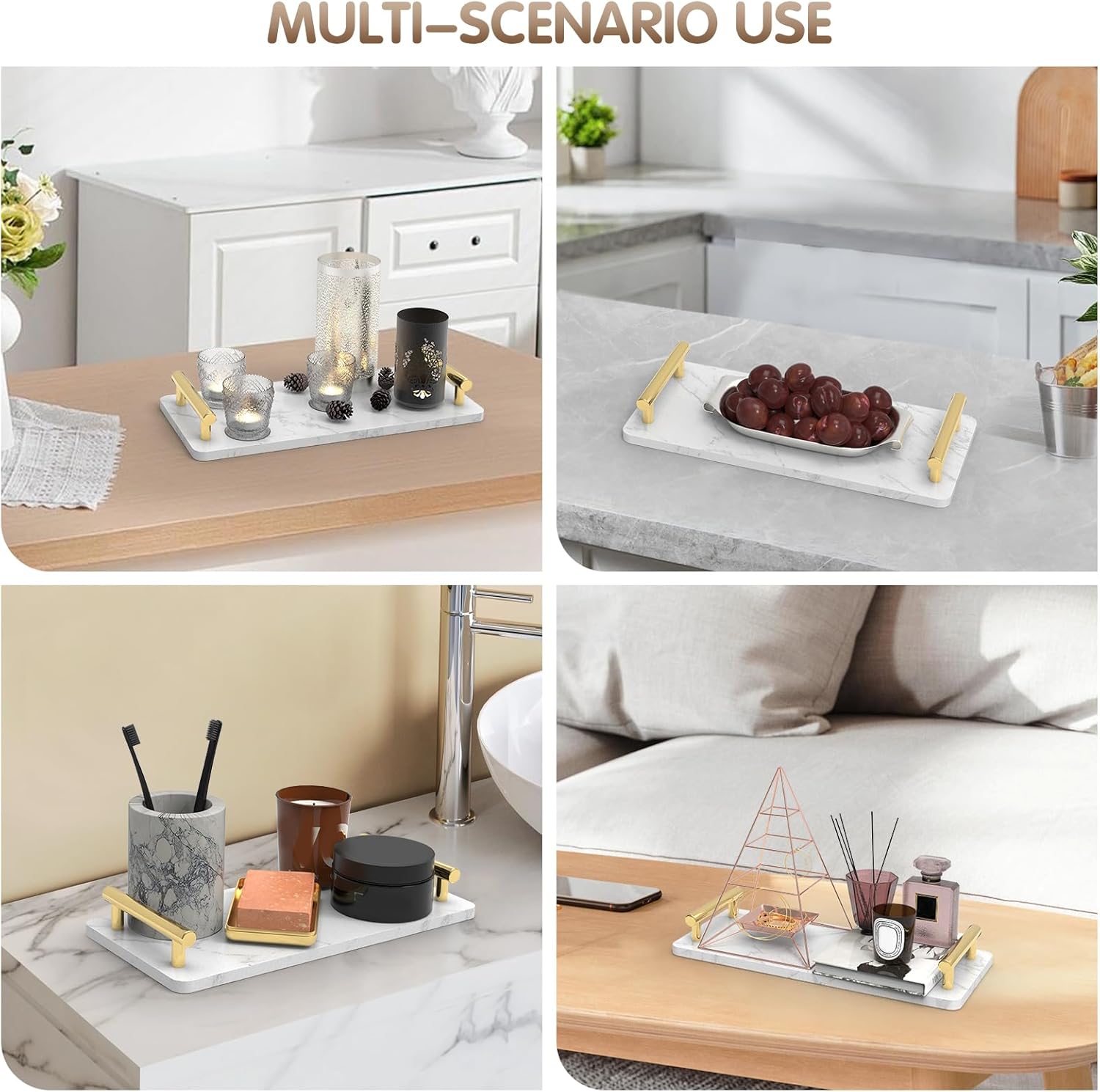 Guest Towel Holder Tray for Bathroom,Marble Slab with Handles -Napkin Holder for Kitchen - Bathroom Tray (Gold,Small) - Image 6