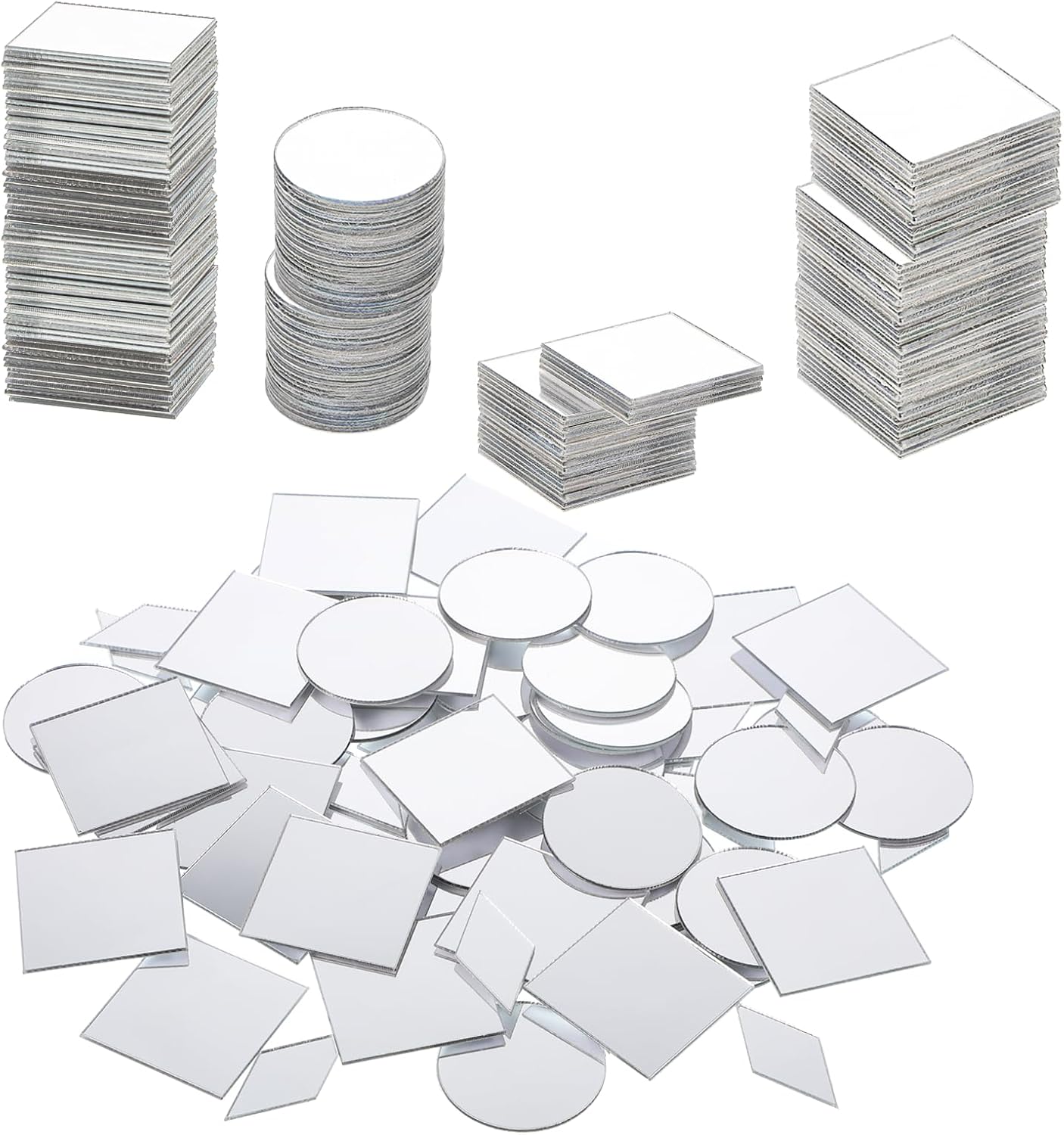 150 Pcs Small Mirrors for Crafts 3 Shapes Self-Adhesive Craft Mirrors Rhombus Rounds Squares DIY Mirror Mosaic Tiles for Crafts Supplies