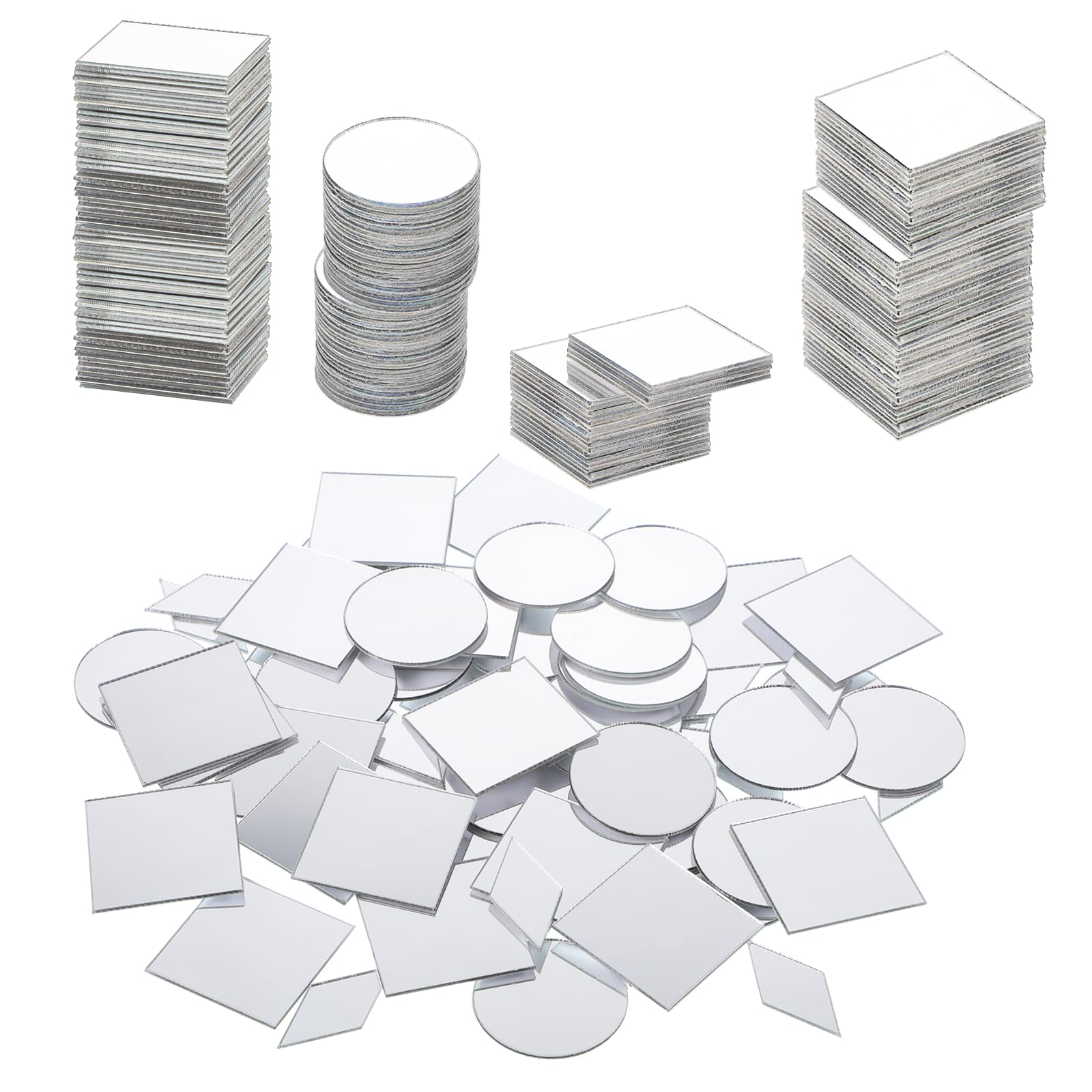 150 Pcs Small Mirrors for Crafts 3 Shapes Self-Adhesive Craft Mirrors Rhombus Rounds Squares DIY Mirror Mosaic Tiles for Crafts Supplies