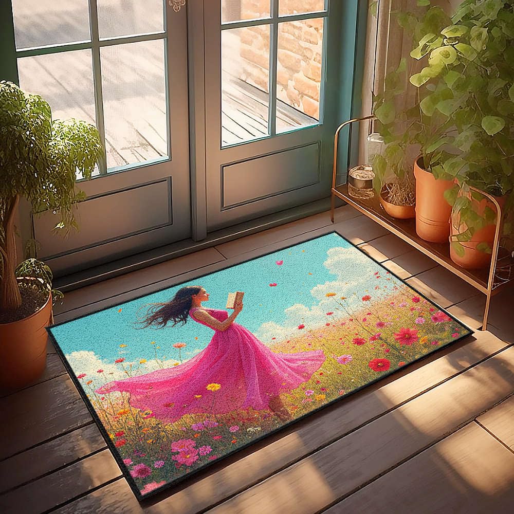 Grand tapis d'extérieur femme en robe rose 65x90 cm pour jardin
