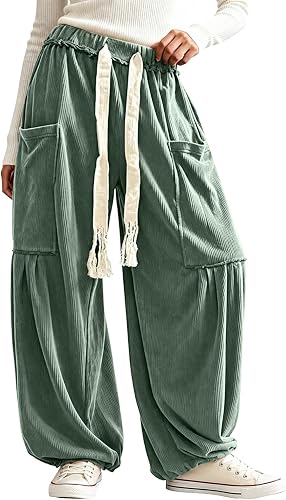 Shiketong Women's Boho Corduroy Balloon Harem Pants,Green,L