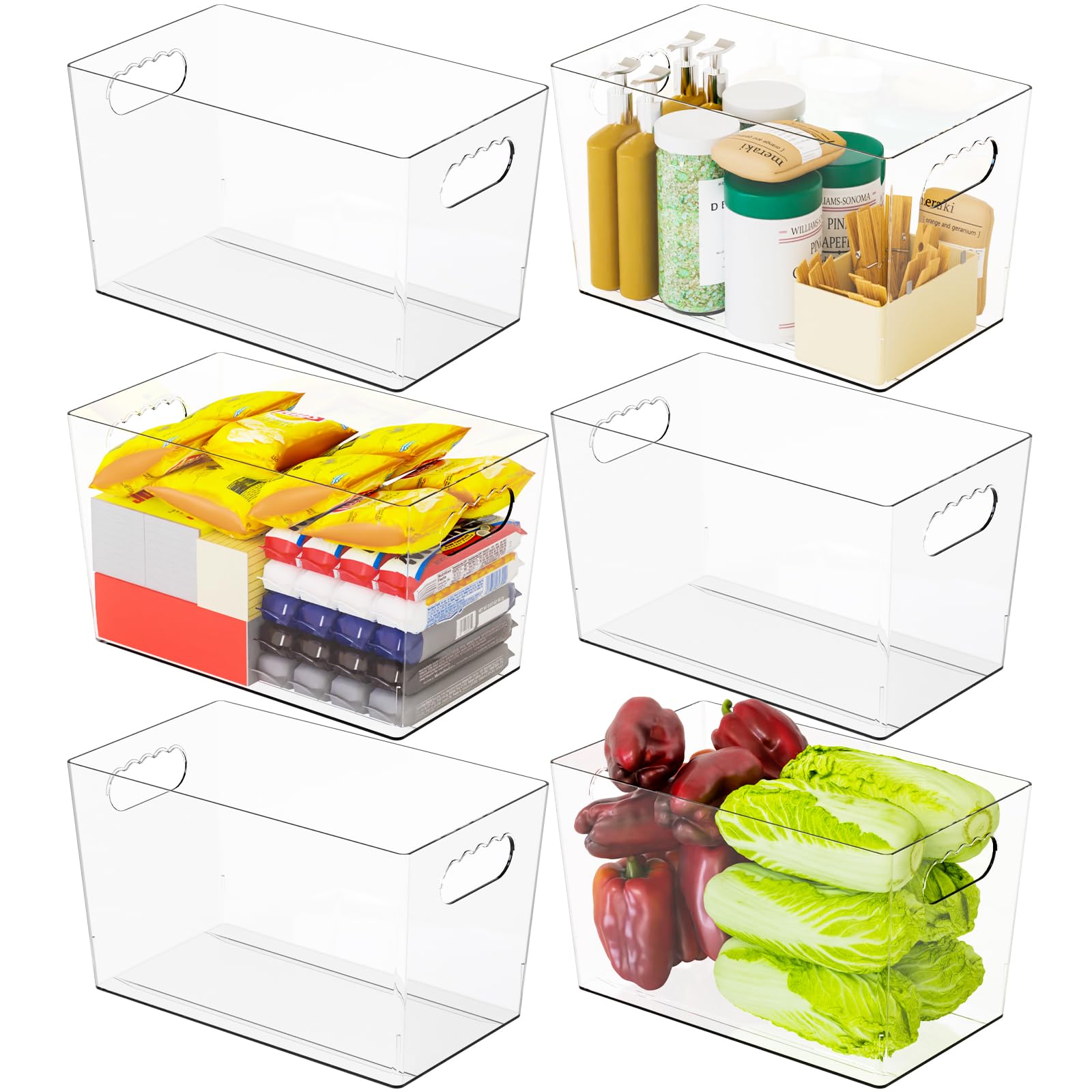 Paquete de 6 contenedores de plástico transparente para organizar, con asa, contenedores organizadores grandes de despensa de 11 pulgadas para estantes, aperitivos, alimentos o suministros de limpieza