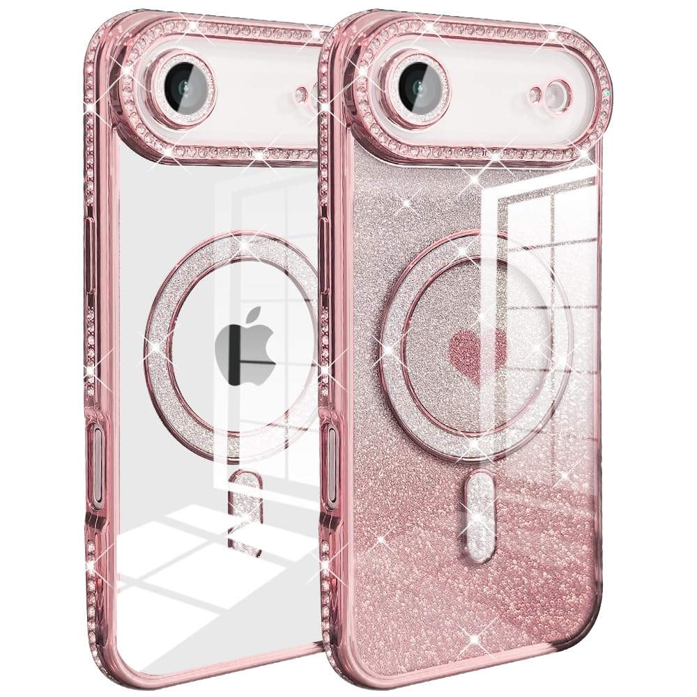 YUYIB スマホケース 対応 iPhone Air /iPhone17 Airケース MagSafe対応 クリア メッキ加工 ドリル ハートシール きらきら ブリンブリン かわいい おしゃれ 軽量 薄型 衝撃吸収 女性 ストラップ穴あり アイフォンAir 磁気ケース (ピンク)
