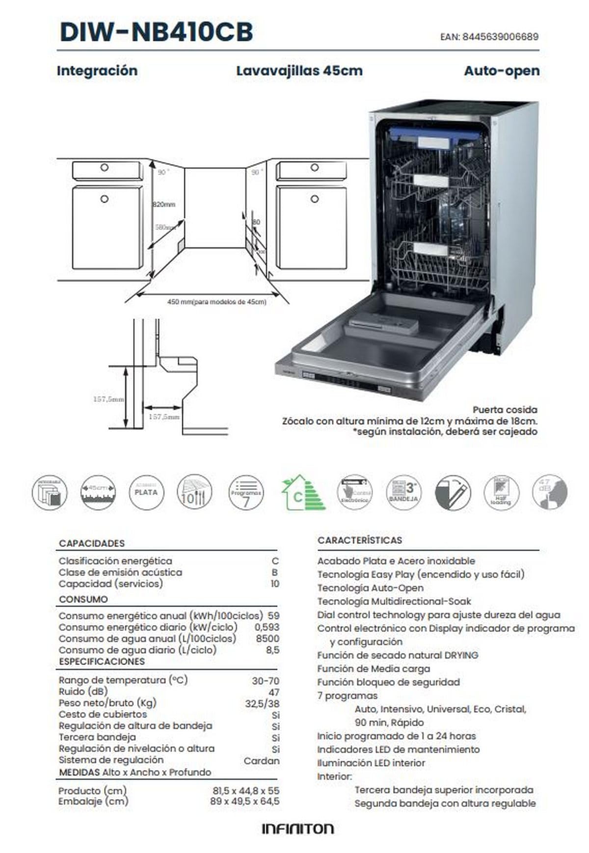 Lavavajillas Integración Infiniton DIW-NB410Cb, Ancho 45 cm, 10 Servicios, 7 programas, C, Tercera Bandeja, Sistema Antihuella