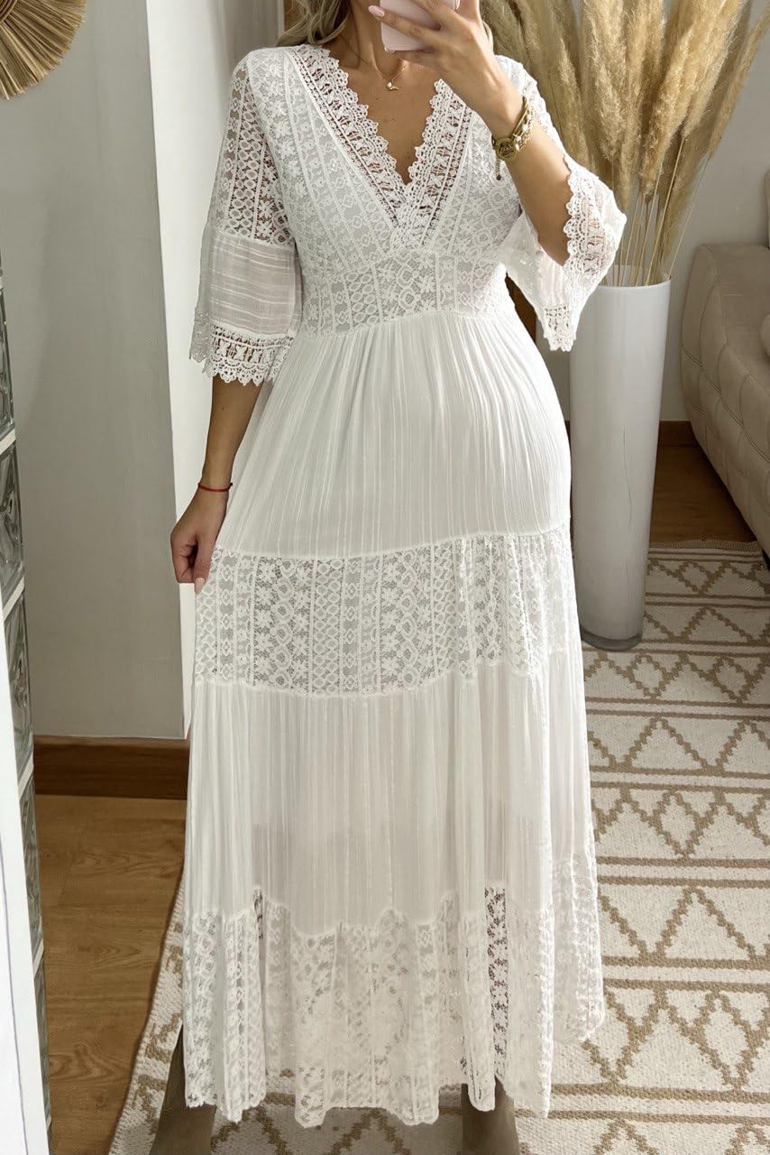 Vestido largo de encaje para mujer con cuello en V, mangas acampanadas 3/4, blanco, vestido bohemio de encaje, vestido bohemio