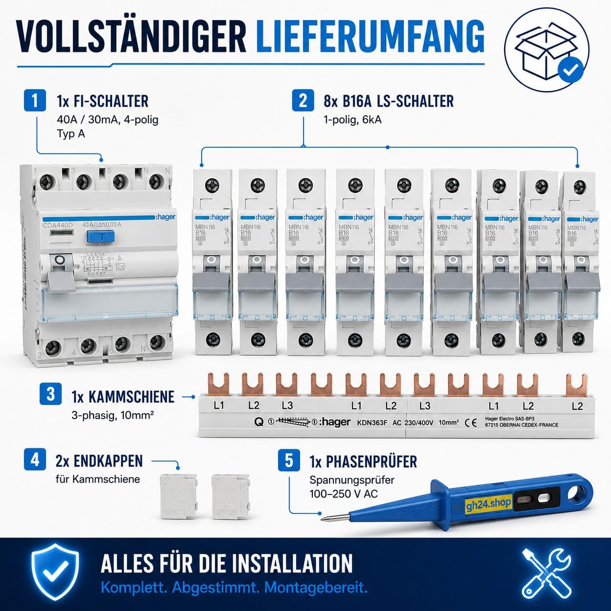 HAGER FI Schutzschalter Set 40A 30mA 4-polig 3P+N mit 8x B16A Sicherungsautomat 6kA, FI LS Paket für Unterverteilung Schaltschrank DIN Hutschiene inkl. Kammschiene und gh24 Phasenprüfer
