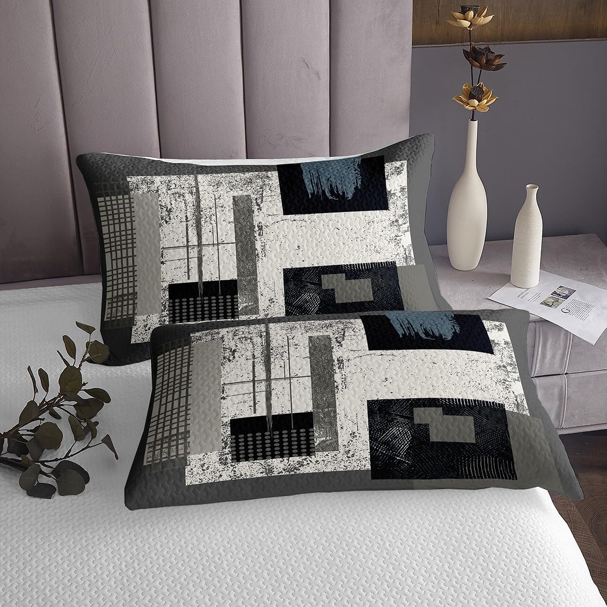 Erosebridal Abstract Ombre Bedspread Set King,Grey White Black Red Coverlet Set Vintage Lines Striped Quilt Set,Geometric Quilted Grunge Oil Painting Watercolor Graffiti Decor