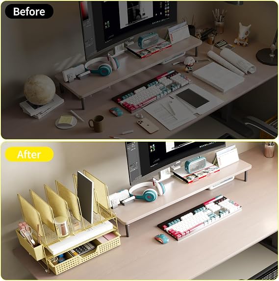 LEKETREE Desk Organizer, Office Organization with Vertical File Holder, File Organizer with Drawer and Pen Holder, Desk Accessories and Workspace Organizers for Home Office (Gold)