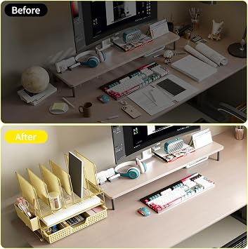 LEKETREE Desk Organizer, Office Organization with Vertical File Holder, File Organizer with Drawer and Pen Holder, Desk Accessories and Workspace Organizers for Home Office (Gold)