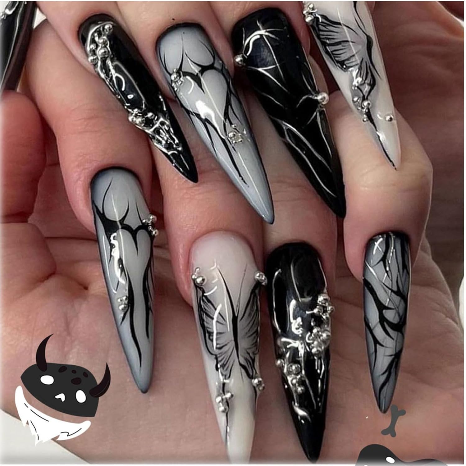 24PCS French Halloween Press on Nails,Purple and Black Fake