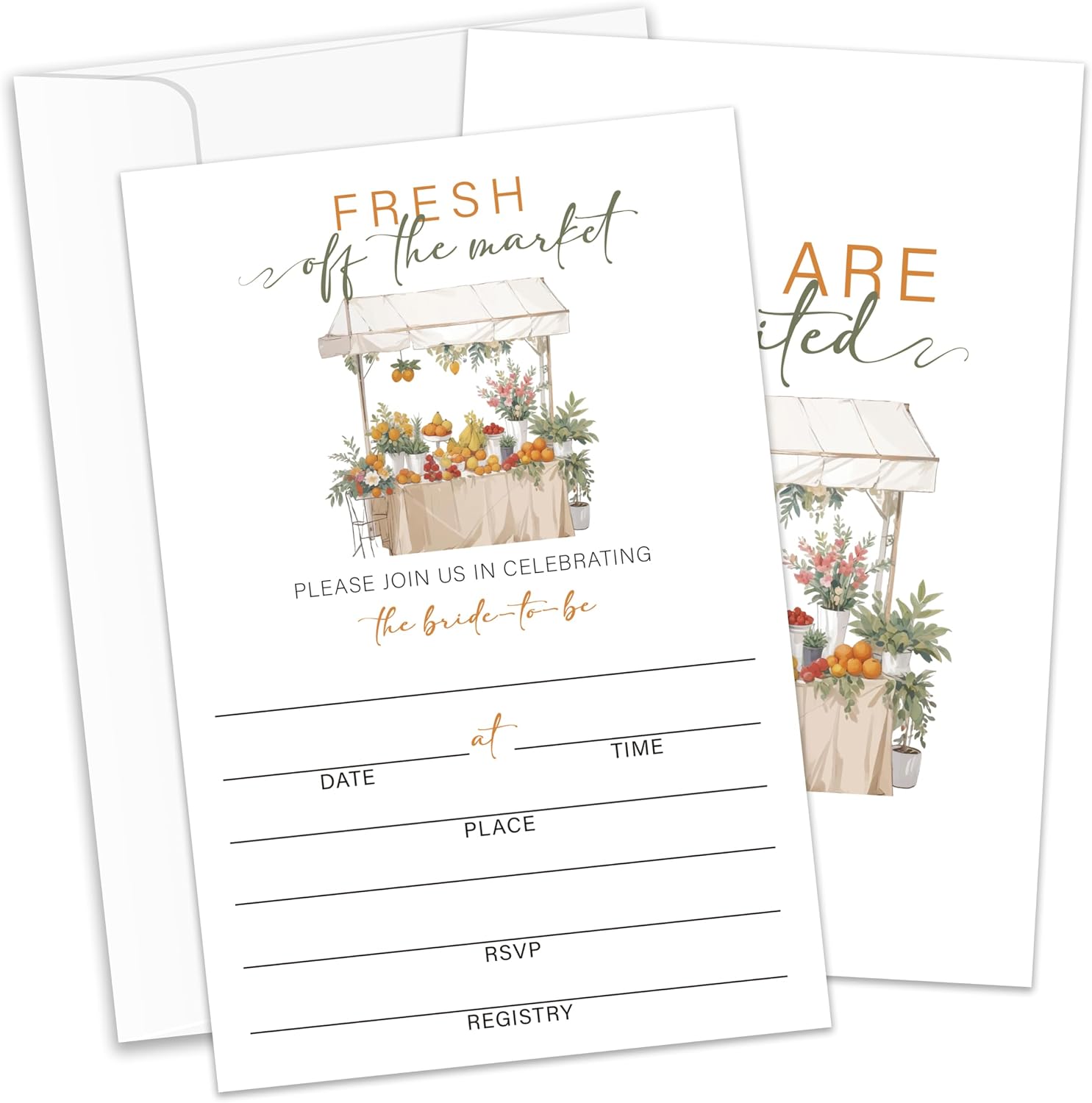 Fresh Off the Market Bridal Shower Invitations, Floral Wedding Shower Invitations, 25 Bridal Shower Invites With Envelopes, Engagement Party Supplies/HL 003