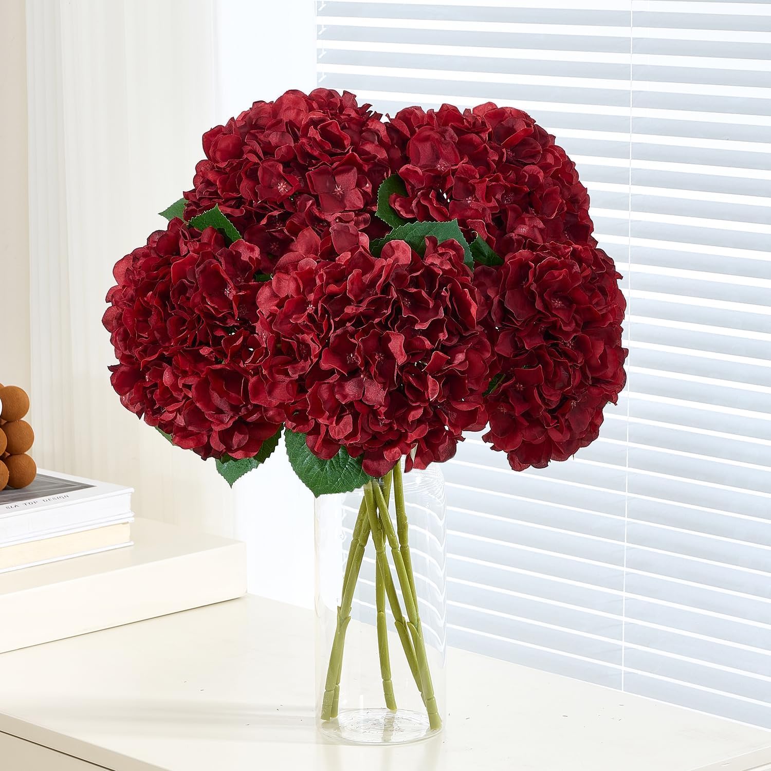 8Pcs Burgundy Fake Flowers Silk Hydrangea Artificial Flowers Bouquets Faux Hydrangea Stems for Home Table Centerpieces Wedding Party Decoration - Image 2