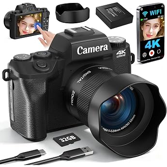 Digital Camera 4K 64MP WiFi Digital Camera with 4.0 Inch Touch Screen, Auto Focus Compact Camera Digital Camera for Beginners