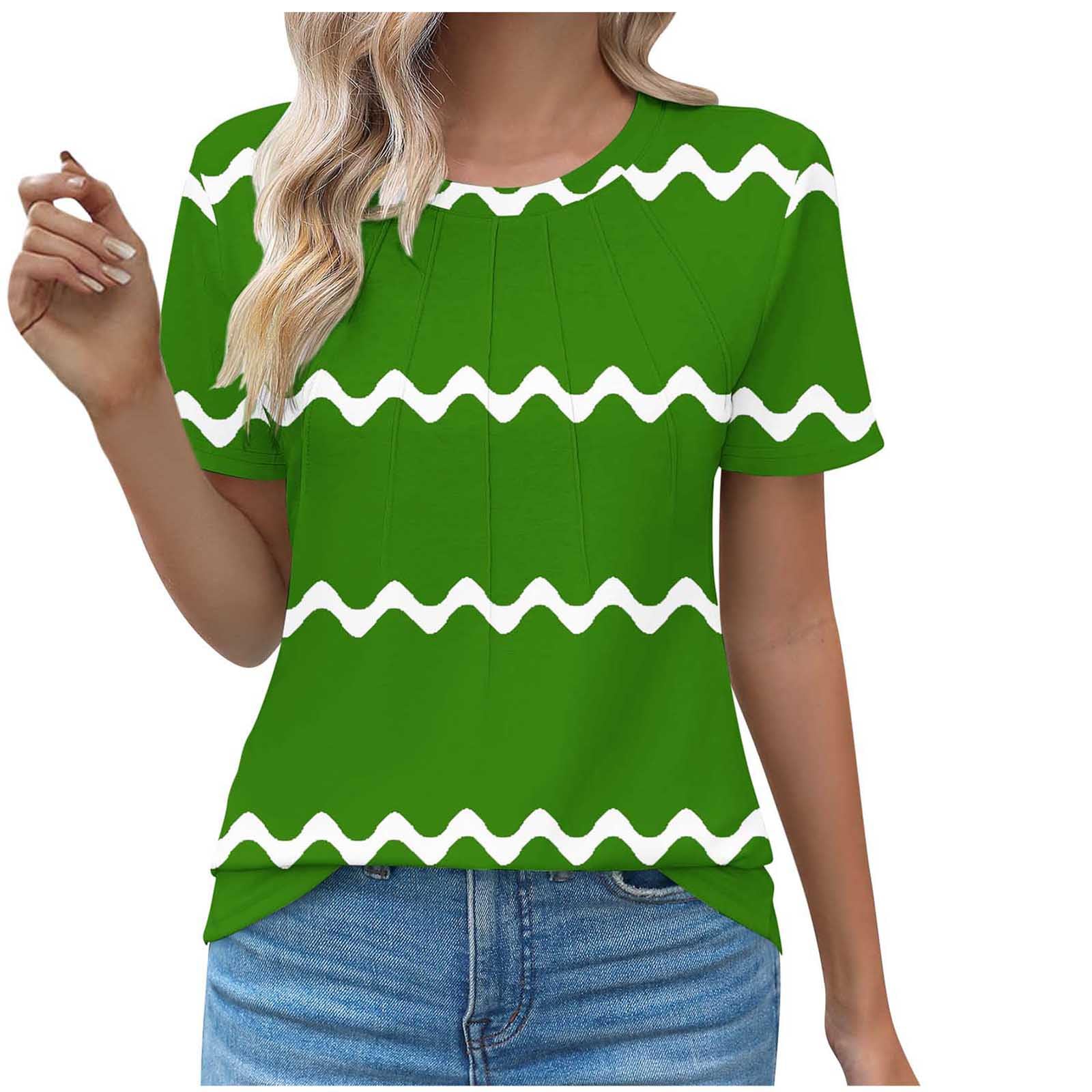 Generic Camiseta de manga corta con cuello barco para mujer, diseño fruncido, a rayas, holgada, para otoño y verano