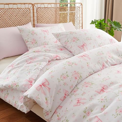 CCoutueChen Pink Bow Comforter Set Queen 3Pcs Pink Floral Bedding Set for Girls 