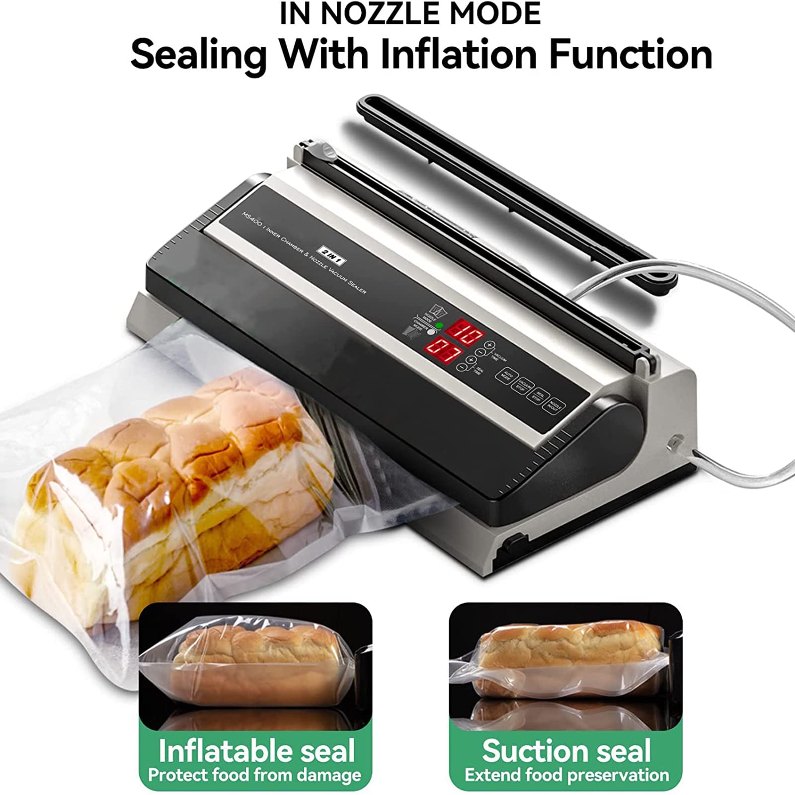 Macchina per sottovuoto commerciale, macchina automatica per la conservazione degli alimenti One-Touch, con funzione di gonfiaggio ad aria e taglierina, barra di tenuta da 40 cm, imballaggio