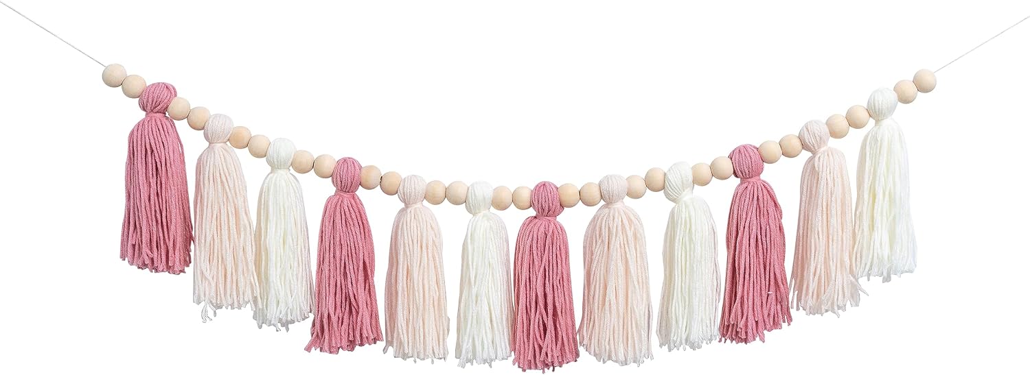 White Yarn Banner - Cream Wood Bead Tassel Garland Boho Decor, Boho Nursery Wall Hanging, Christmas Decor, Baby Bridal Shower Party Supplies