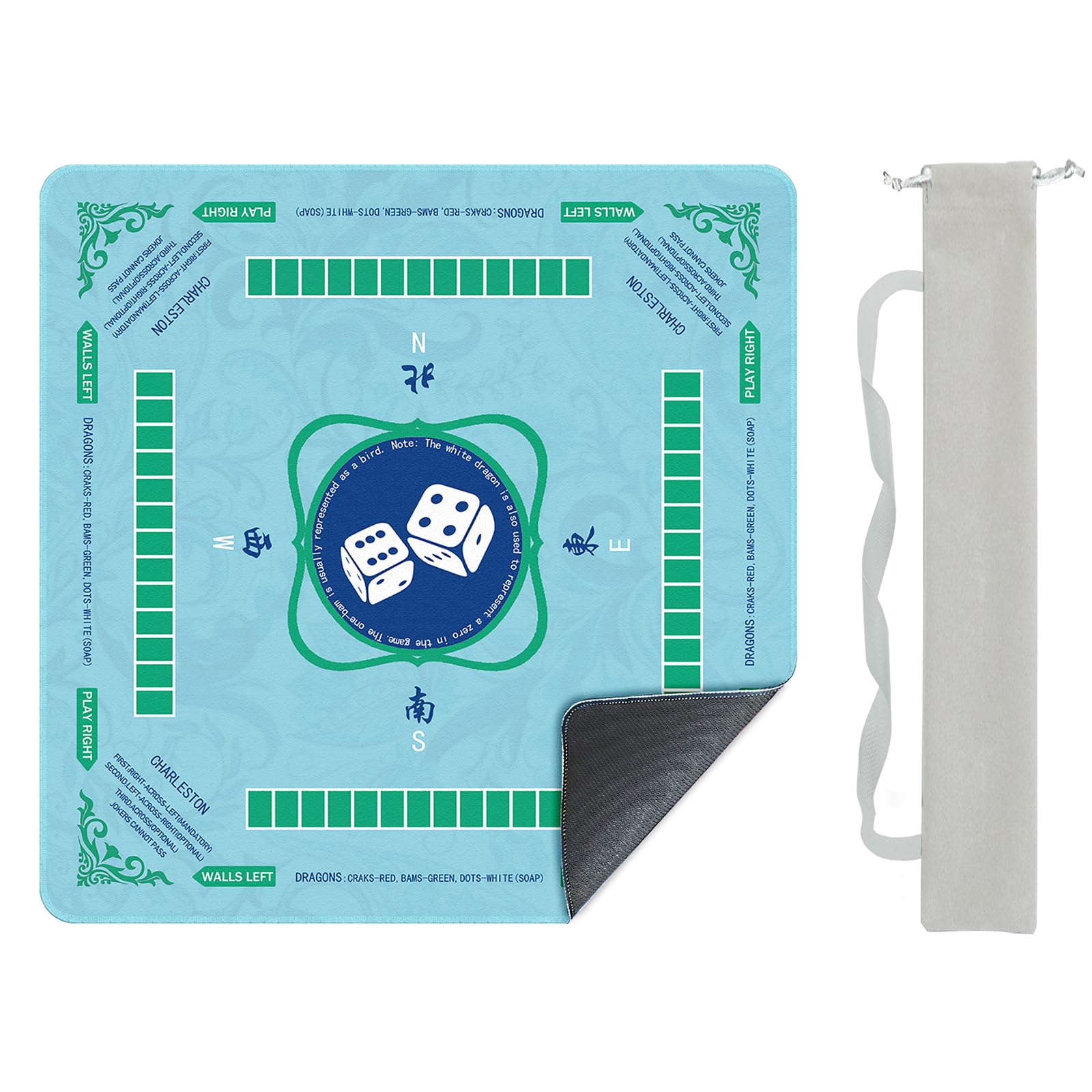 Pepoivn Mahjong Mat(31.5"x31.5"), Cyan Reduction Noise Rubber Mat with Guide&Rule&Tips&Charleston&Direction GuidanceSilent Sports Auxiliary Props,