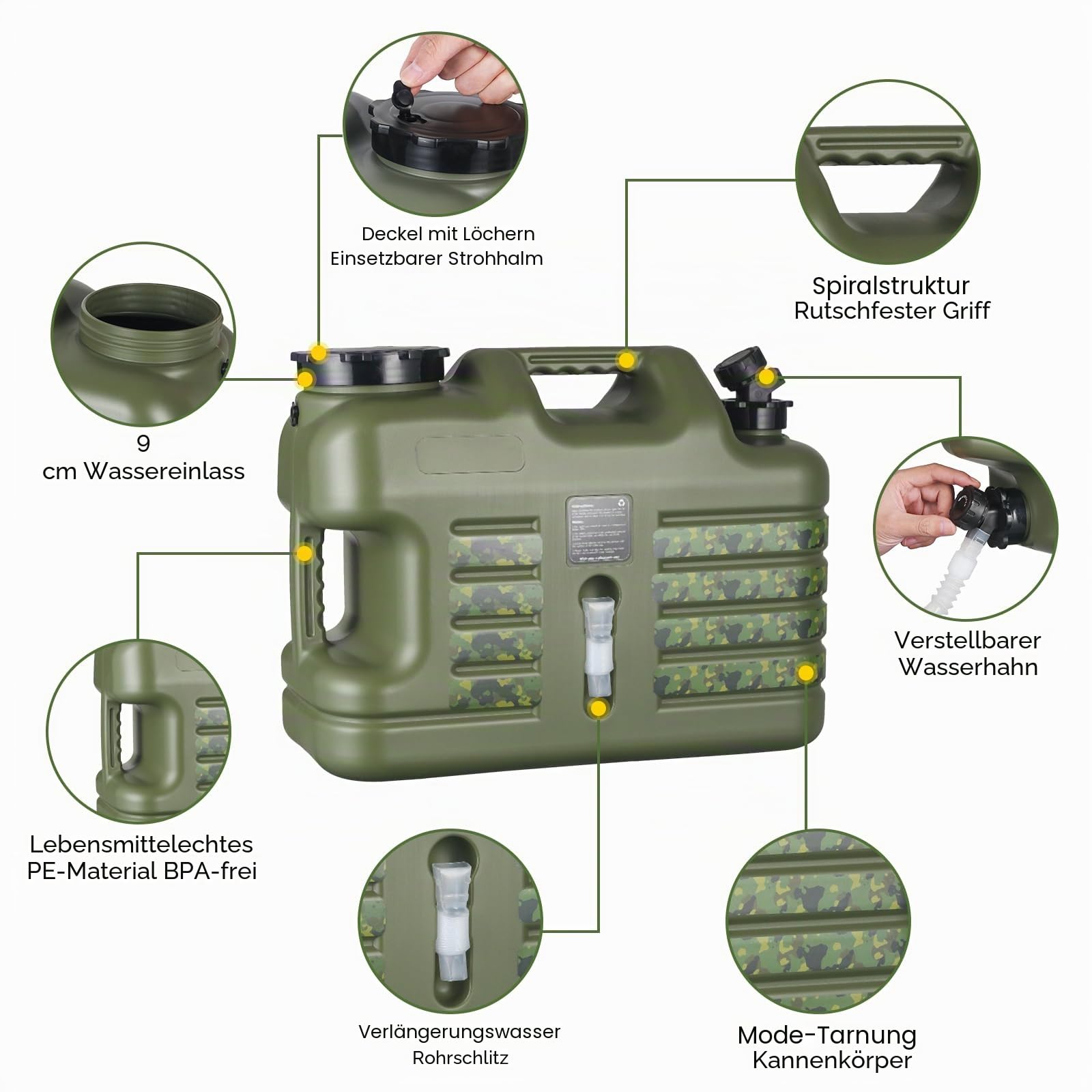 ASIEIT Wasserkanister mit Hahn 18.5L, Camping Wasserkanister, BPA-frei Tragbarer Mehrzweck Kanister Wassertank, Wassertank Camping mit Griffen, Auslaufsicher kanister, für Notfälle, Outdoor