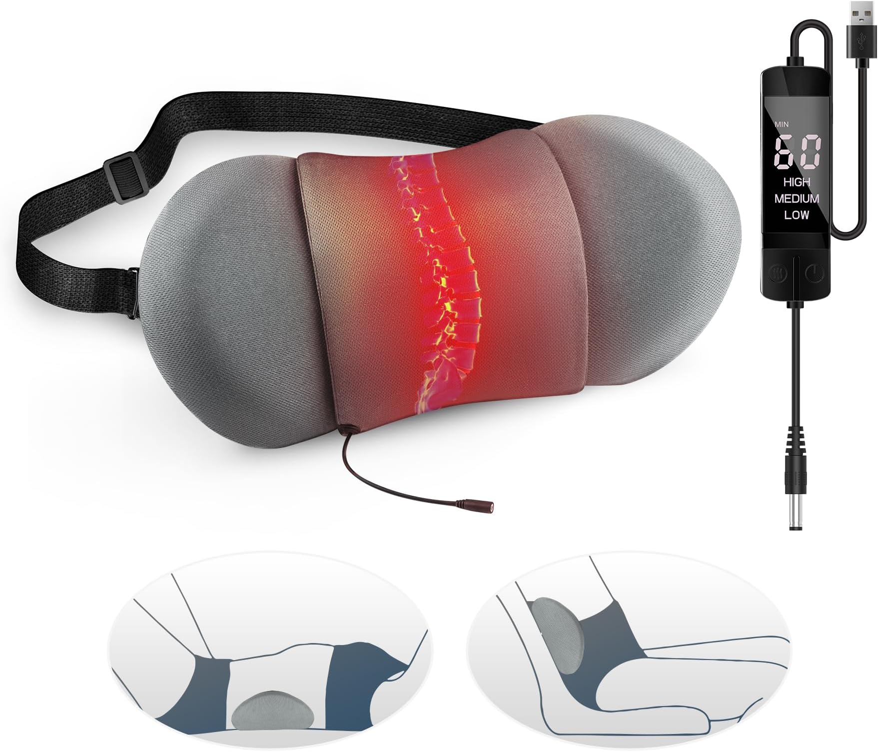 Heated Lumbar Support Pillow, Lumbar Support Pillow with Detachable Heating Pad for Back Pain Relief, Back Pillow for Sleeping, Office, Chair, Car