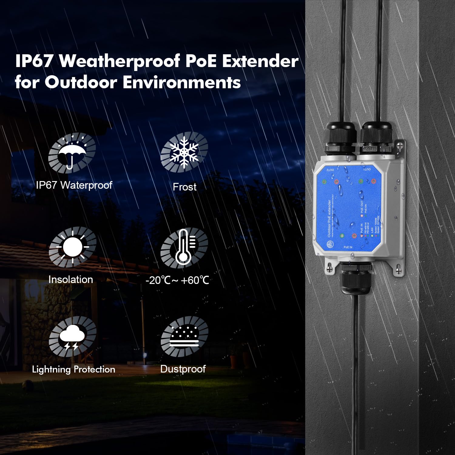 Interruptor de paso PoE Gigabit IP67 para exteriores, 1 extensor de salida PoE en 2, IEEE802.3af/at/bt PoE alimentado 90W, Ethernet 10/100/1000Mbps, montaje en pared de metal impermeable Plug and Play