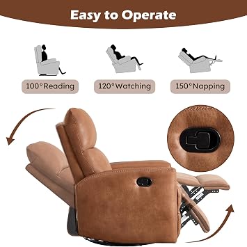 ANJ Manual Swivel Rocker Recliner, Glider Recliners with Padded Armrest and Backrest, Soft Faux Leather Nursery Rocking Recliner Chair Reclining Sofa for Living Room