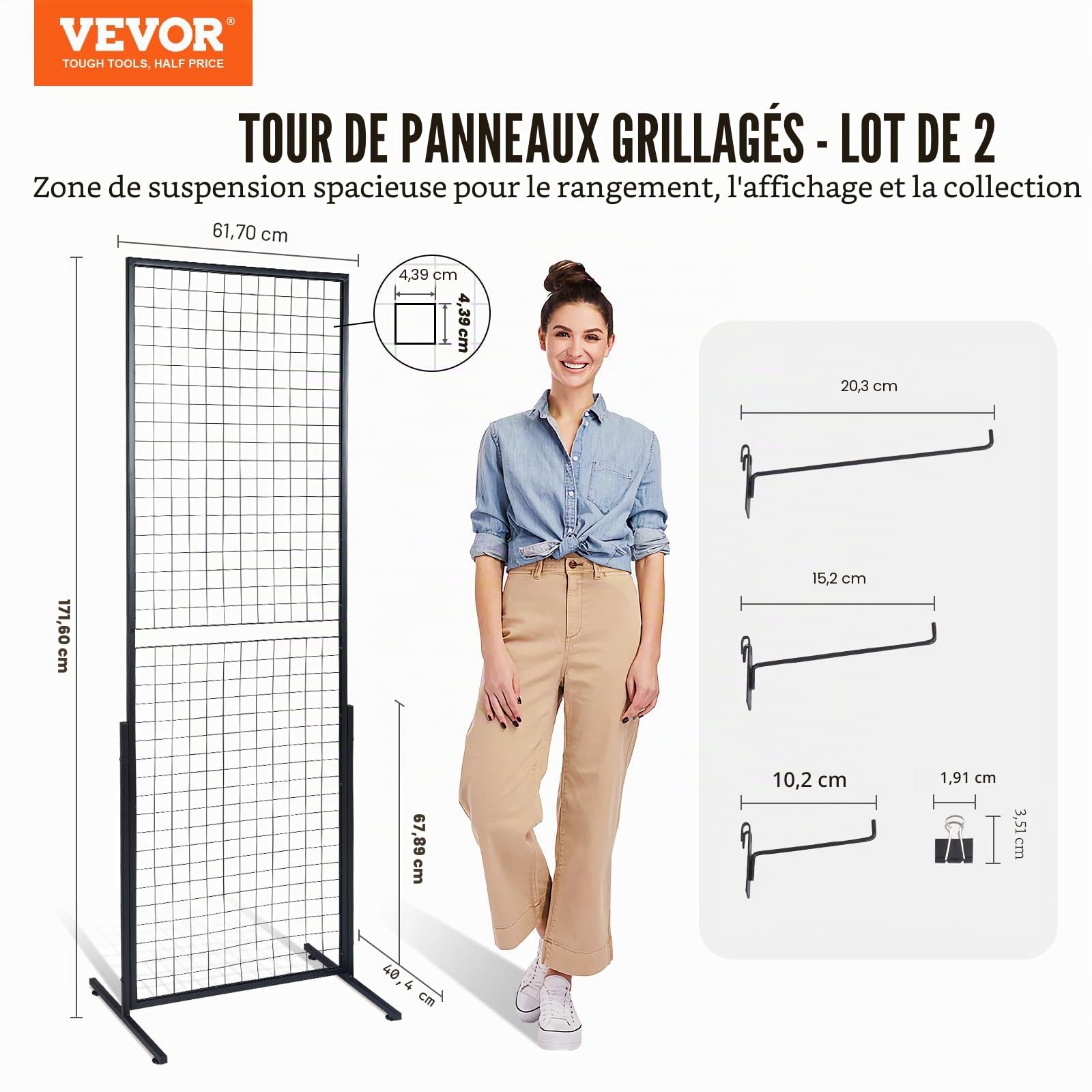 VEVOR Grille d’Exposition sur Pied 2 PCs Panneau Grille en Acier 617x1716 mm Charge 27 kg Présentoir Grillage sur Pied Accessoires Complets Installation Facile pour Affichage Présentation Photo Mémo