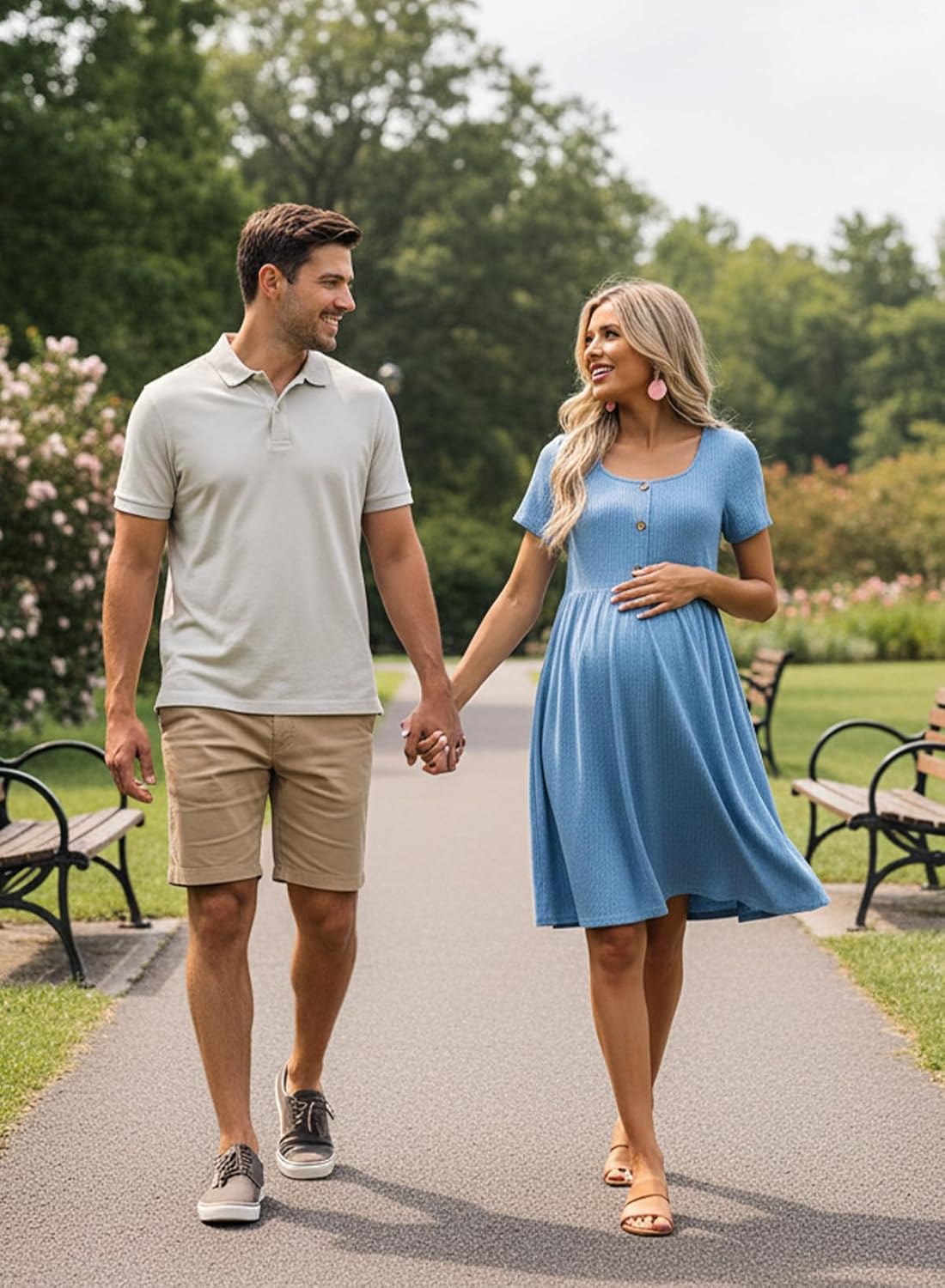 BLENCOT Short Sleeve Maternity Rib Knitted Dress for Spring Summer Button Knit Ribbed Babydoll Pregnancy Dresses with Pocket