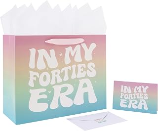 wishinside 33cm(13인치) 대형 40번째 생일 선물 가방 세트, 손잡이, 인사말 카드, 티슈 페이퍼 및 스티커 포함, 40세, 그녀, 여성, 자매, 딸, 친한 친구, In My Forties Era 디자인, 1개