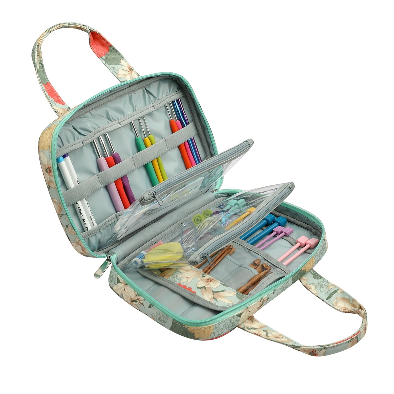 Handarbeitstasche Leere Strickset-Hülle, Organizer-Tasche, tragbare grüne Tasche mit Blumen-Stricknadel-Aufbewahrungstasche for Nähzubehör