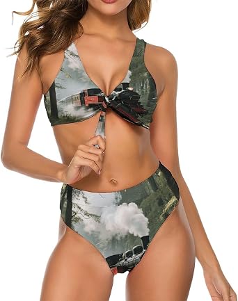Womens High Waisted Bikini Se Tummy Control Steam Train Bathing Suits V Neck Two Piece Swimsuits