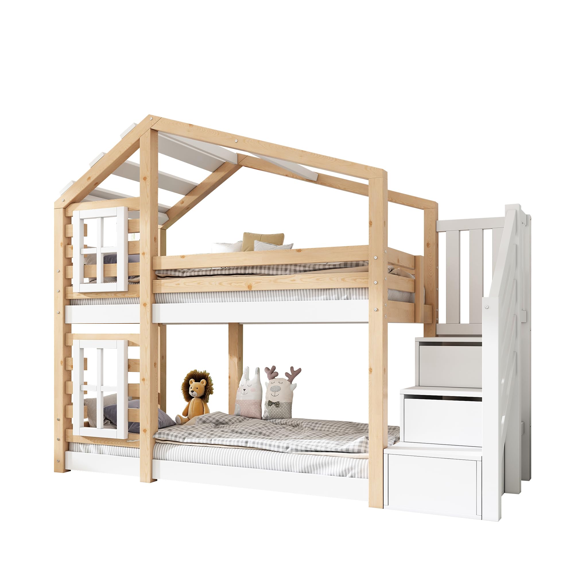 Rtopsu Letto per Bambini a Castello 90x200 cm, Letto per Ragazzi con Scaletta e Contenitore Cassetti, Letti a Soppalco con Sponde e Finestra, Letti con Rete a Doghe, Naturale e Bianco, Senza Materasso