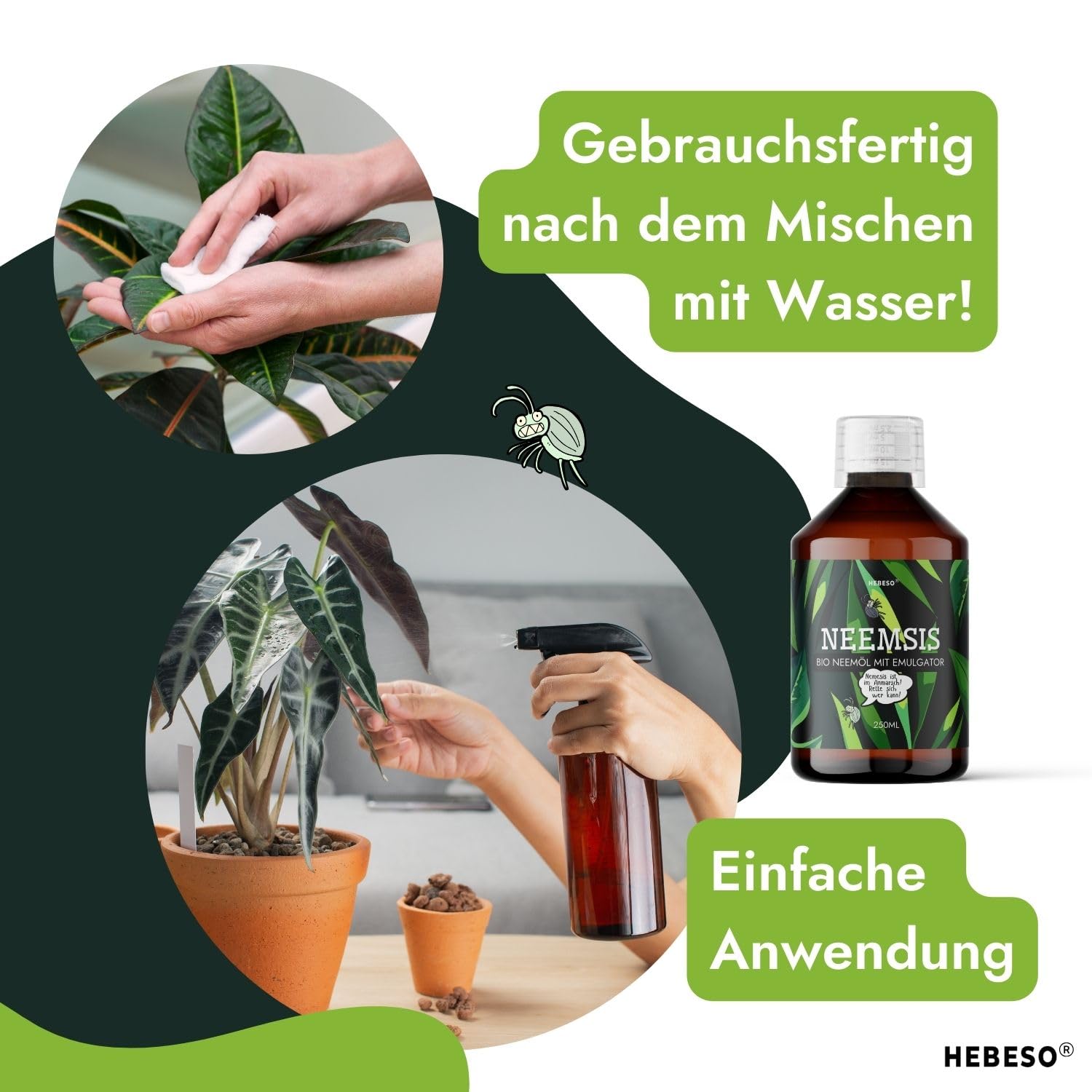 HEBESO® NEEMSIS Organiches Neemöl mit natürlichem Emulgator - Gebrauchsfertig - Kaltgepresst. 100% natürlich. Sicher für die Umwelt. (2x250ml)