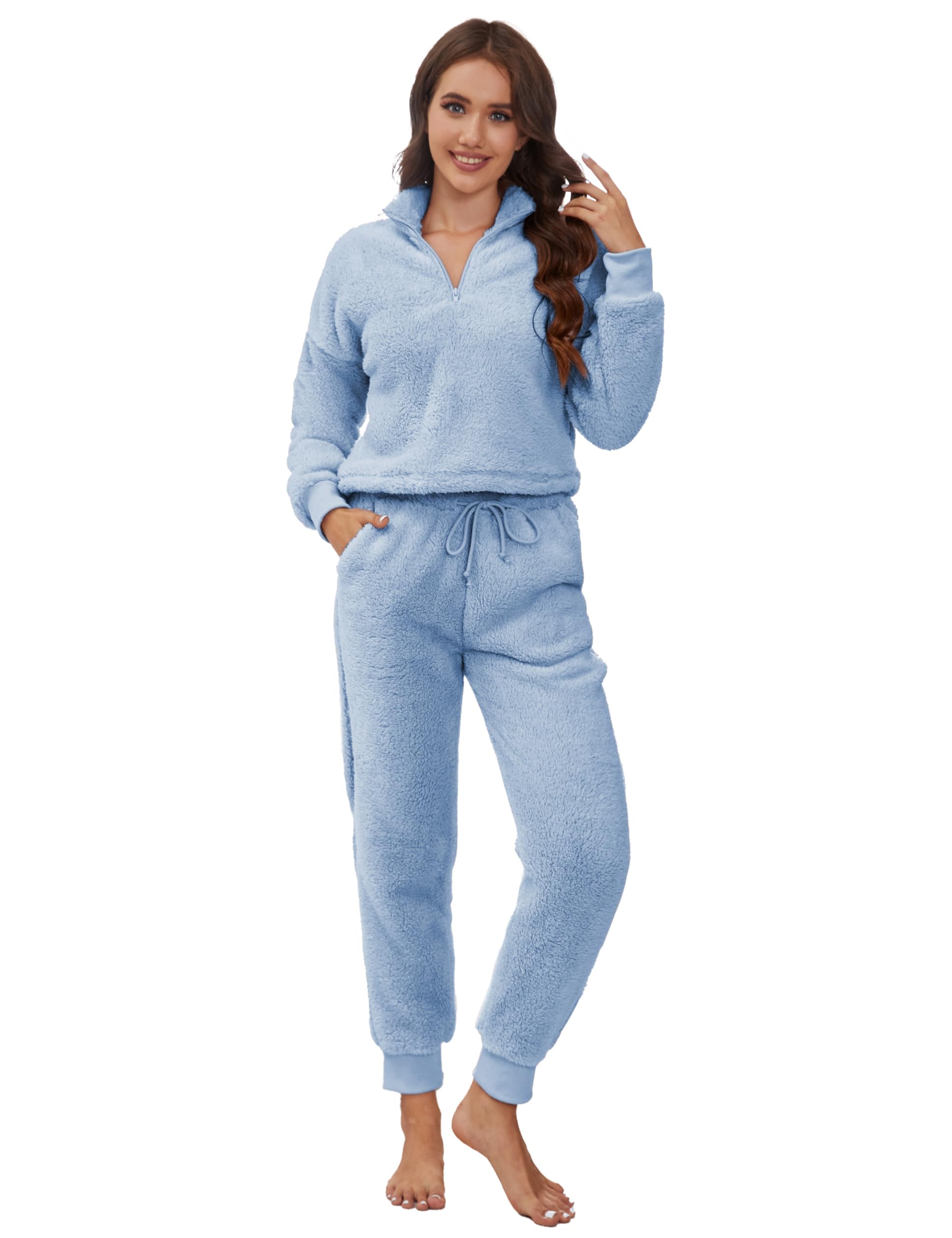 Gtliaewomens Piece Fluffy Pajama Set Zip Up Pullover Jogger