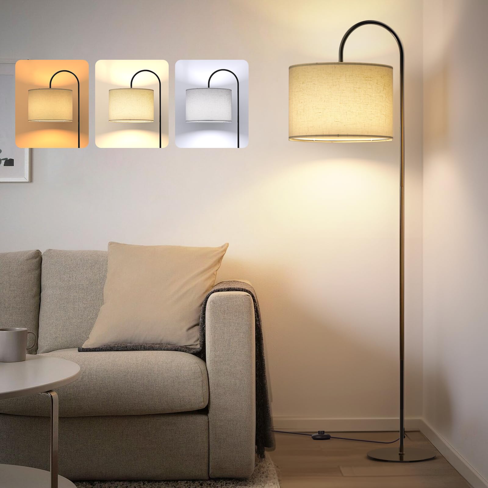 Lithomy Lámpara de Pie, Lámpara de Salon LED Redonda Regulable 12W con 3 Temperaturas de Color, Lámpara de Pie de Lectura LED con Pantalla de Lino y Interruptor de Pie para Salón, Dormitorio