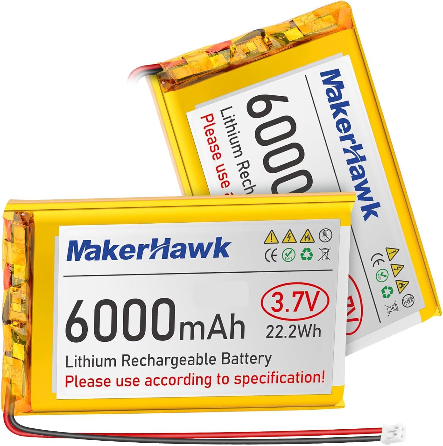 MakerHawk 3.7V 6000mAh LiPo Battery Rechargeable 1S 3C Lithium Polymer Batteries with Protection Board Insulated Rubber Tape, PH2.0 Plug for Arduino ESP32 Board RPI UPS (2 Pack)