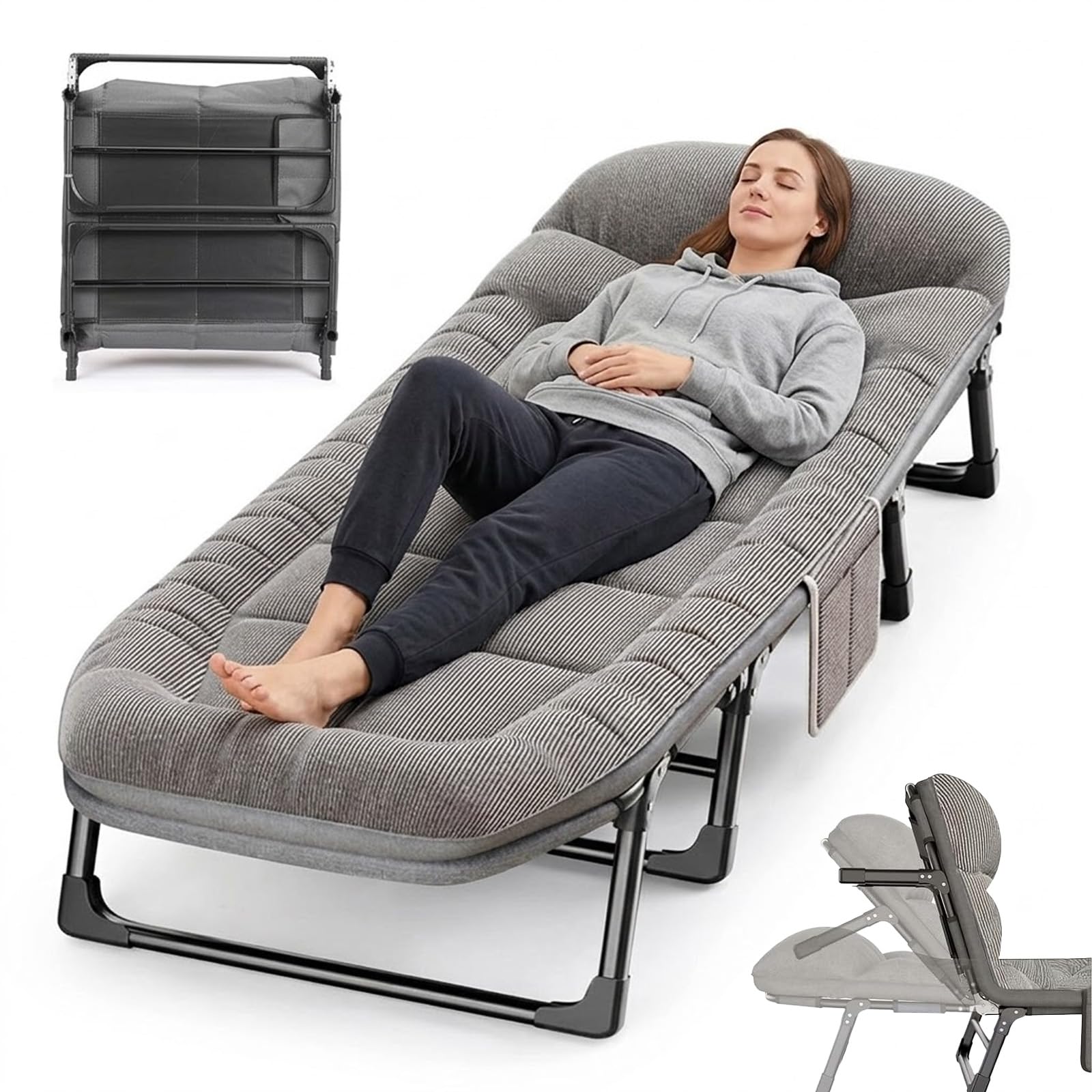 6-Position Adjustable Folding Camping Cot Sleeping Bed with Mattress,78.7 * 26" Extra Wide,300lbs Load Capacity,Comfortable Travel Camping Cot for Sleeping,Portable Tent cot with Carry Bag（Grey）