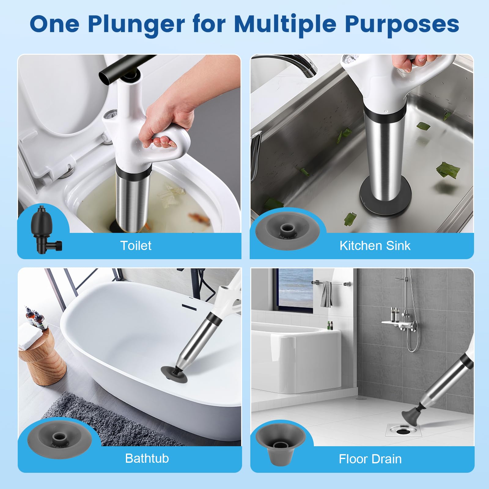 Deboucheur WC, 4 in 1 Déboucheur à Pompe Haute Pression Déboucheur Piston Toilette Puissant Air Comprimé avec Têtes Remplaçables et Baromètre pour Déboucher les Évier Lavabo Baignoire Drain de Sol