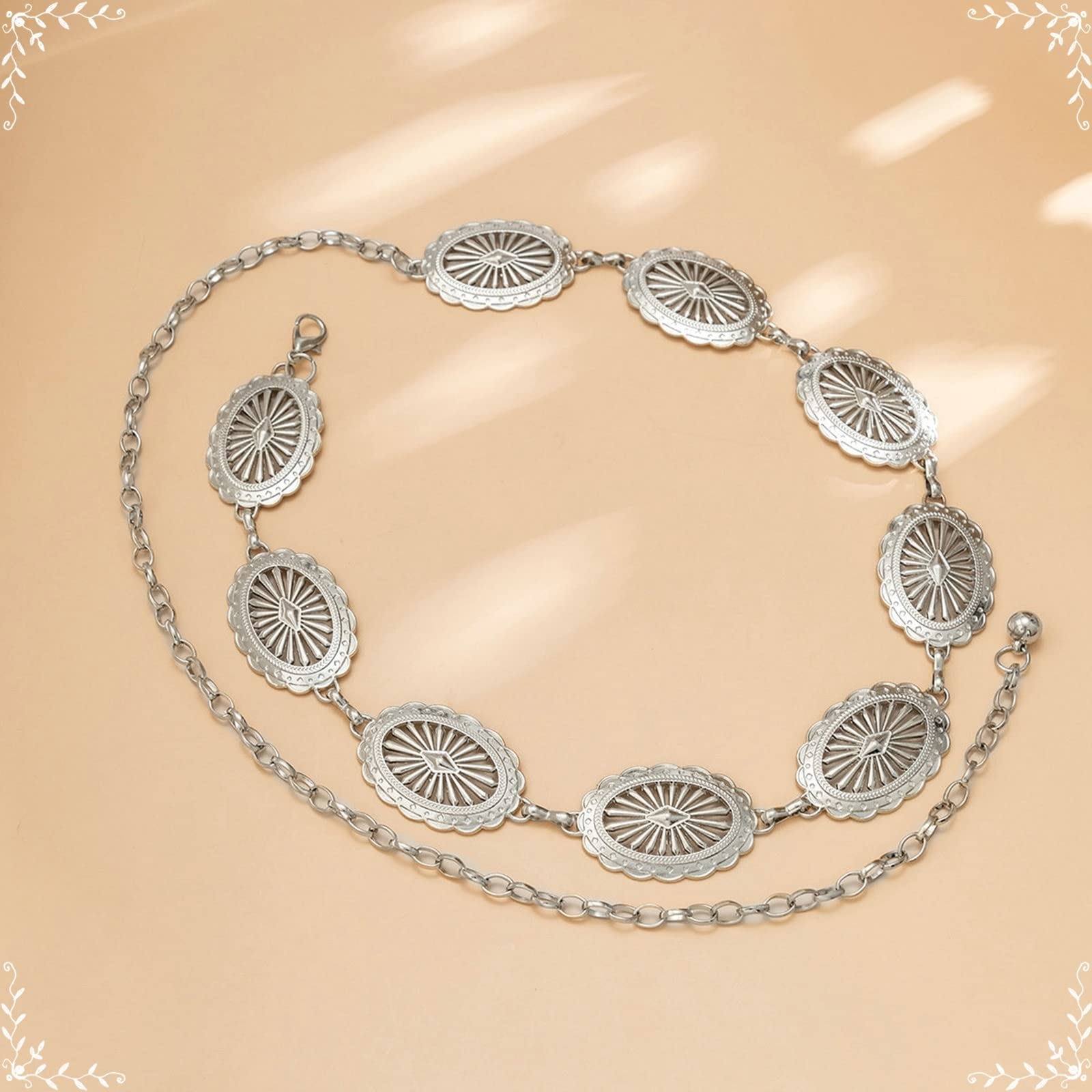 Cinture a Catena di Fiori Occidentali per Donna, Catene in Vita per Jeans placcate in Argento con Catena in Vita a Fiori Cavi 43 Pollici (110 cm)