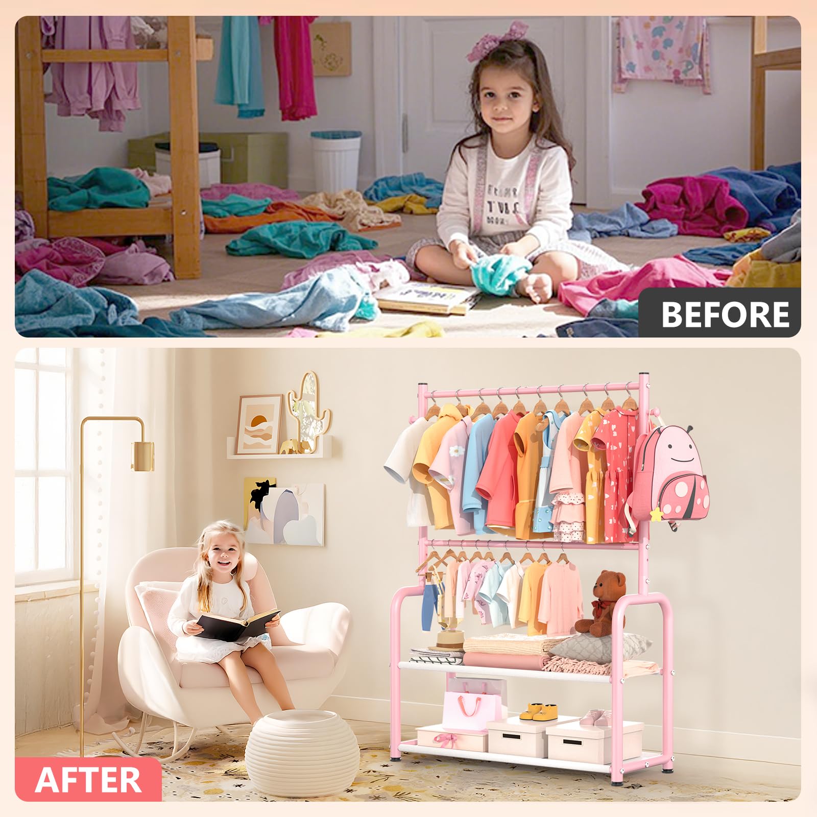 Bambini Abbigliamento Rack 2 Tier Baby Closet Rosa Toddler Dress up Rack | 2 aste appendiabiti, regolabili, per bambini da 0 a 9 anni, per bambini piccoli, per asilo e camera da letto