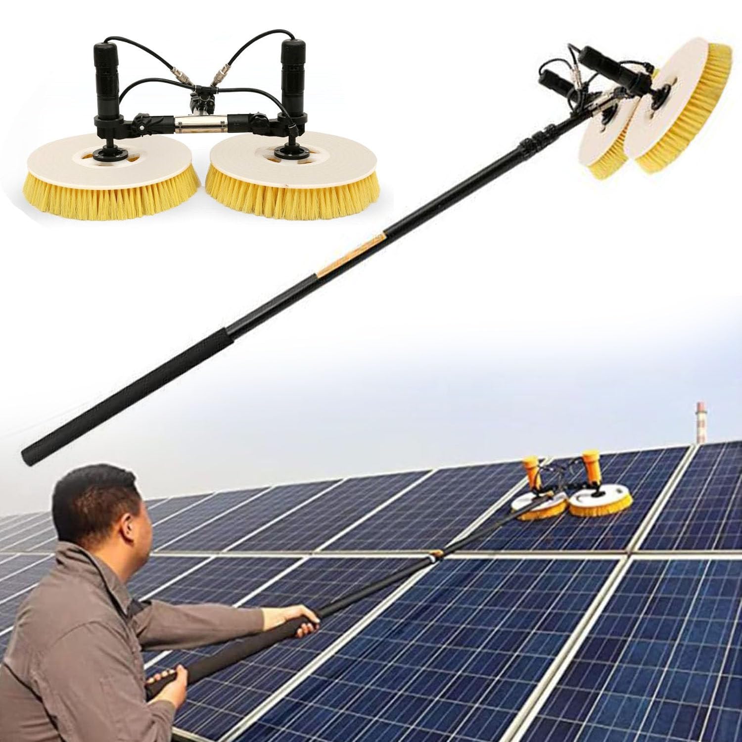 Aioneer Electric Solar Panel Cleaning Brush With Telescopic Rod And Automatic Water Sprayer For Roof Maintenance-Powerversion-3.5M(11.5ft)