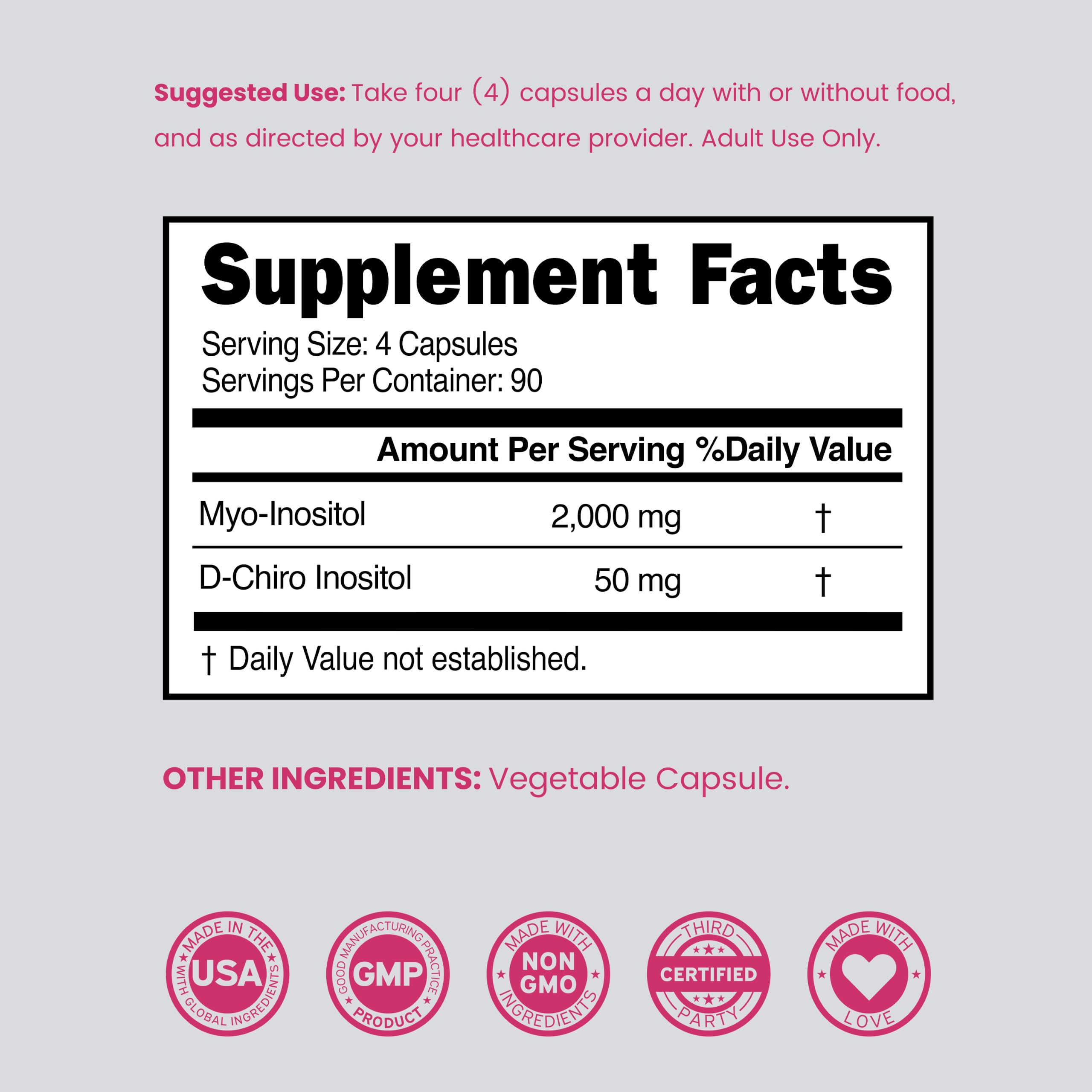 Myo-Inositol & D-Chiro Inositol Supplement For Women (360 Capsules, 2050mg Per Serving Ideal 40:1 Ratio Myo Inositol) Hormone Balance for Women - Third Party Tested, Vegan Safe & USA Made - 360 Count — Amazon image 6