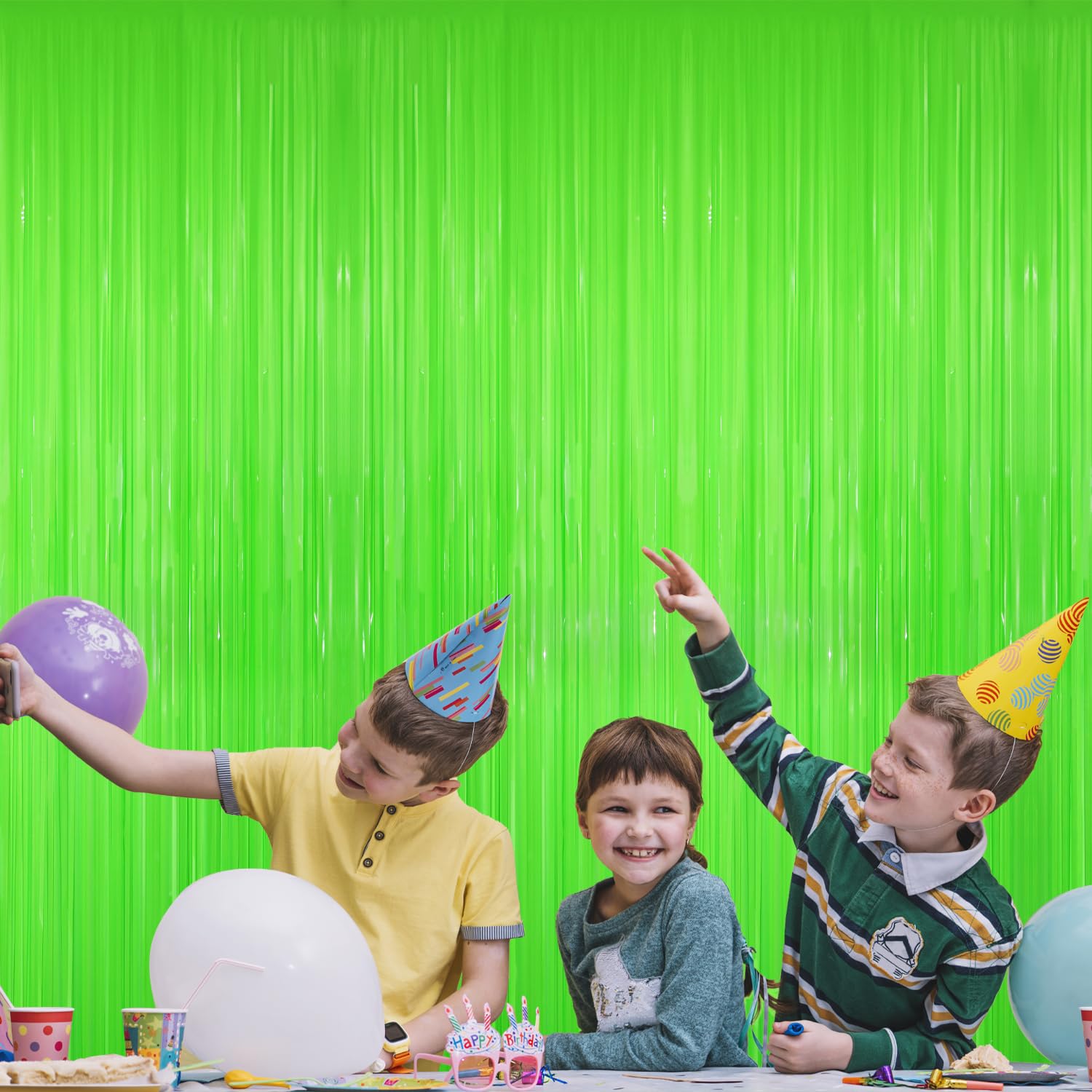 GOER 3.2 ft x 8.2 ft Foil Party Photo Backdrop Party Streamers for Birthday,Graduation,New Year Eve Decorations Wedding Decor(3 Packs,Candy Lime Green)