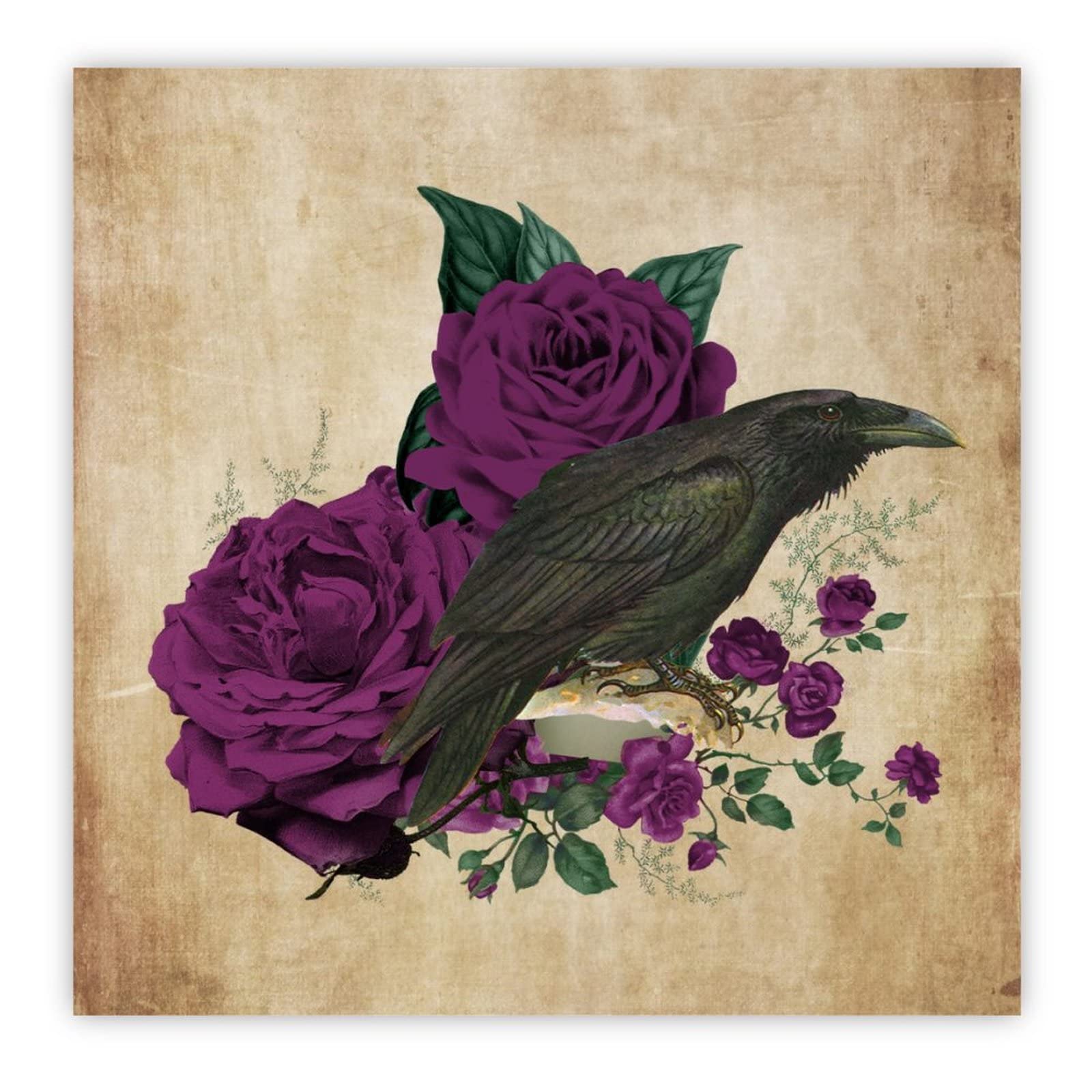 Panneau en bois Raven On Skull au motif floral violet unique pour décoration murale d'horreur