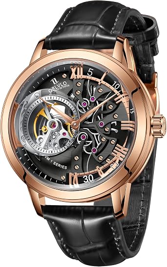 OBLVLO Casual Watch Stainless Steel Mens Watch Genuine Leather Strap Skeleton Watch VM-1