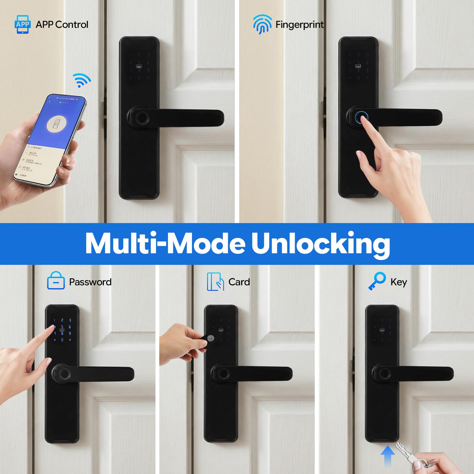 Cerradura de puerta Smart Tuya huella dactilar Bluetooth App Control remoto Aleación de aluminio Llave Tarjeta Contraseña Grosor de la puerta 30-50 mm