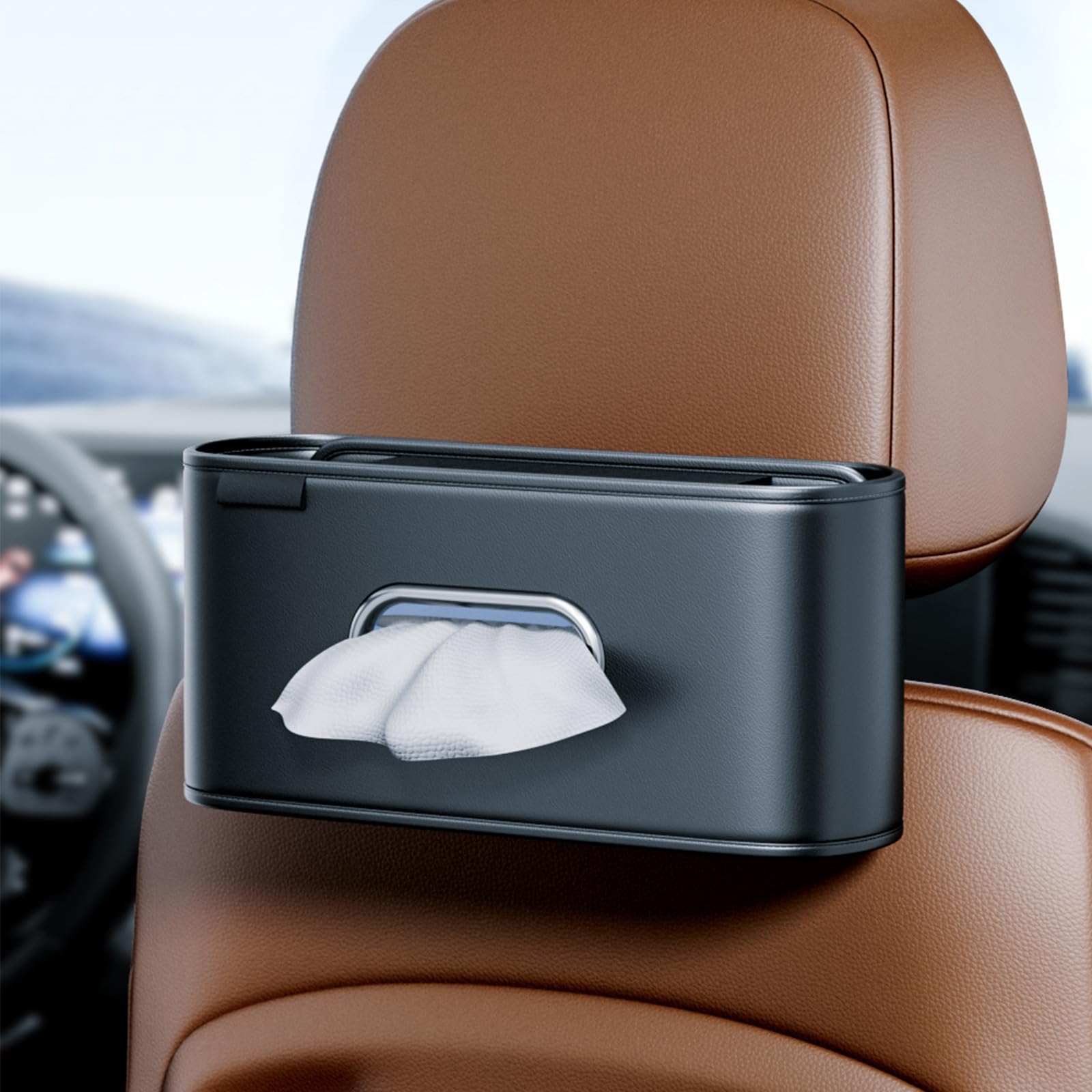 ULPOCMU Premium PU Leather Car Tissue Holder - Fits Standard Rectangular Tissue Boxes