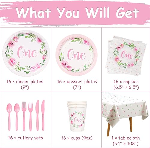 Miniatura 3 de DECORLIFE Juego de 113 platos y servilletas de primer cumpleaños para niña, decoración de primer cumpleaños, incluye platos de papel floral, mantel,