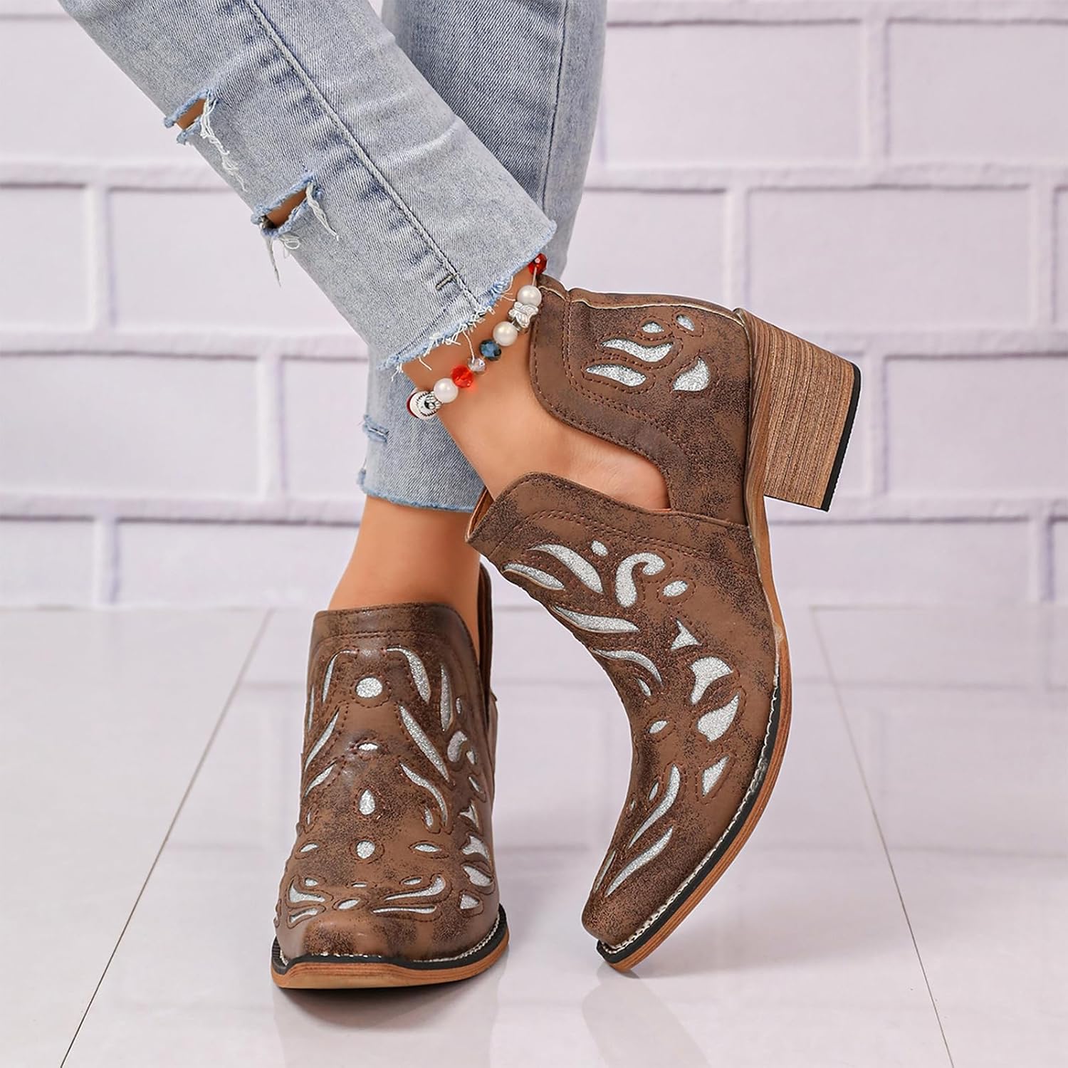 Women's Short Ankle Boots Cutout Pointed Toe Low Heel Western Booties image 4